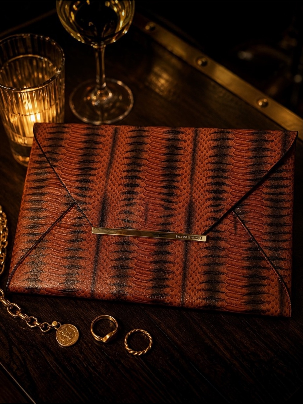 BCBGMAXAZRIA Faux Snakeskin Envelope Clutch Brown Black Y2K Bag